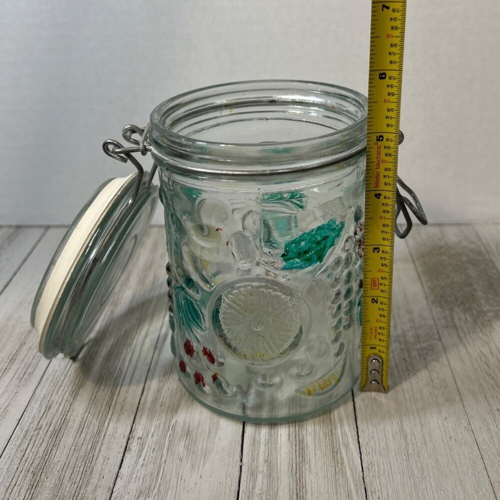 Vintage Canister Jar Storage Glass Fruit Embossed Wire Bale Lid - Set Of 3 - Picture 9 of 10